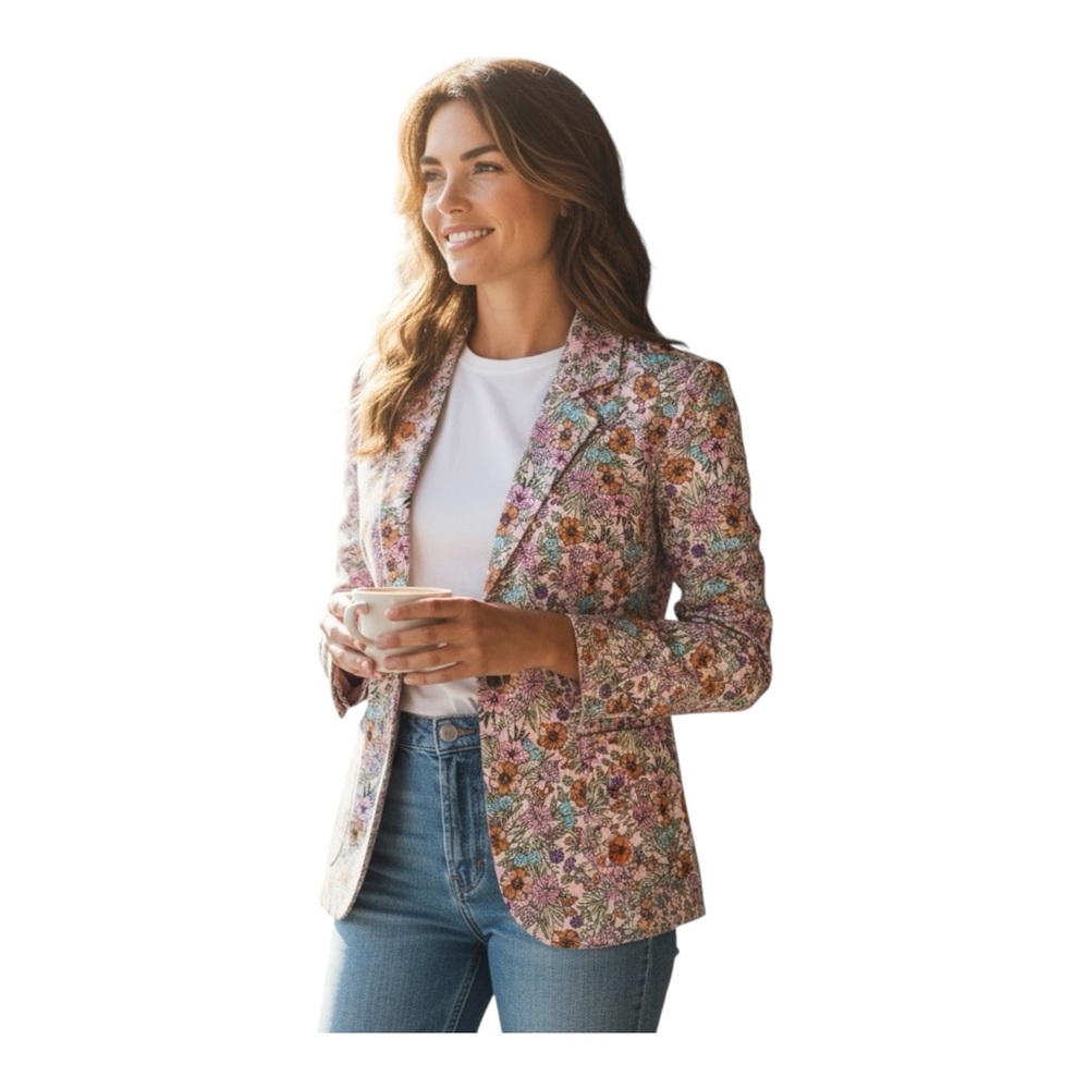 Villager Liz Claiborne Floral Cotton Blazer Jacket Size 14 Spring Garden